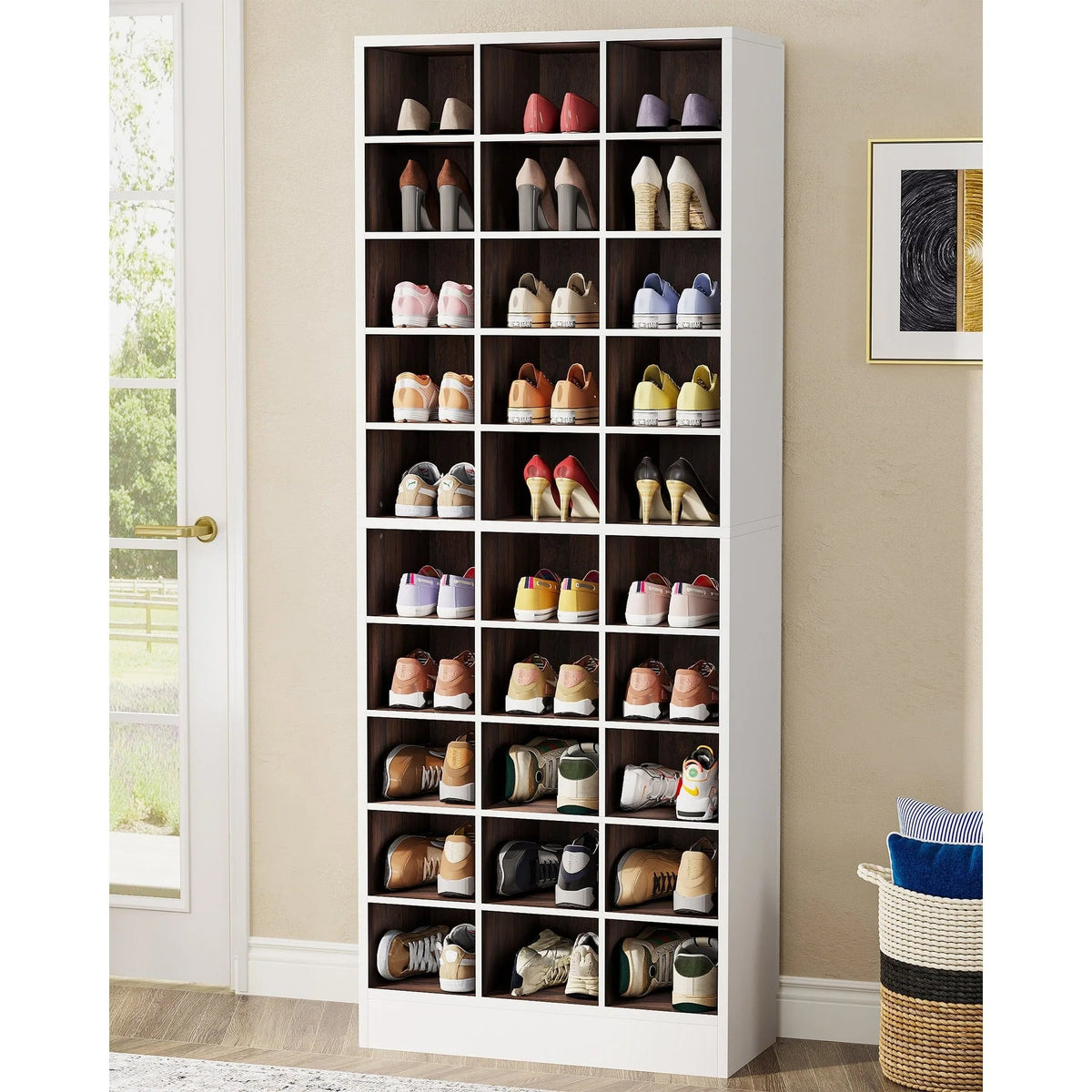 10-Tier Tall Shoe Cabinet, 30-Pair White Engineered Wood Shoe Storage Rack