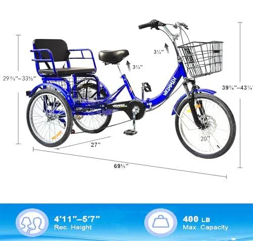 WEIMMIN Adult Folding Tricycle, 20 inch, 7 Speed, Star Strip Blue