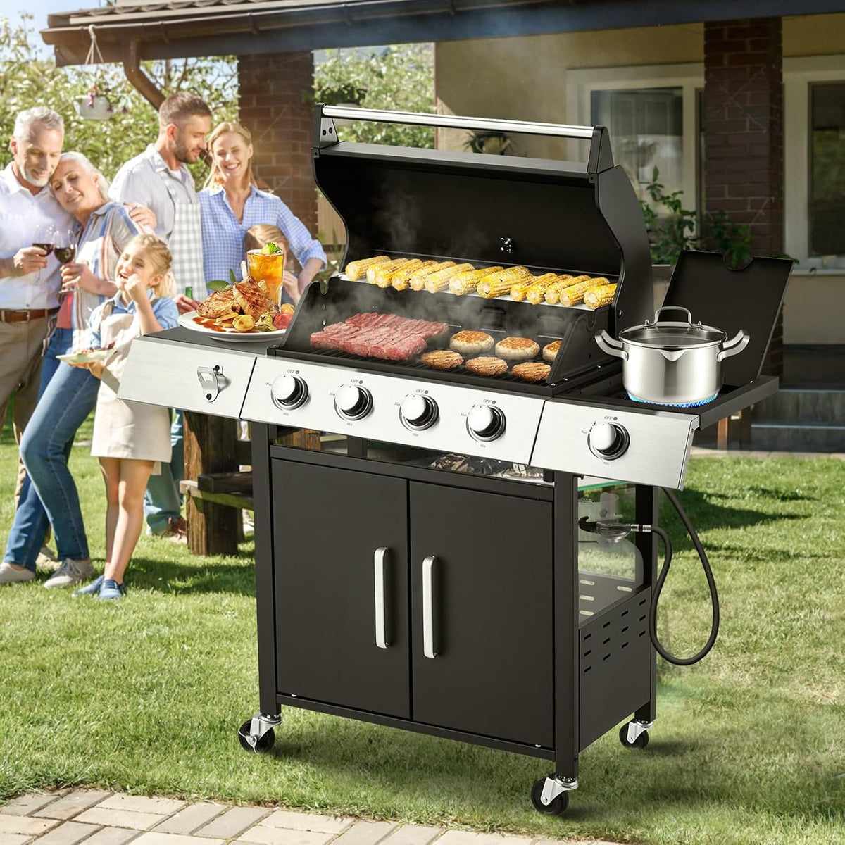 MELLCOM 4 Burner Propane Gas Grill With Cast Iron Grates And Side Stove, 44,000 BTU, Black - BBQ-4+1