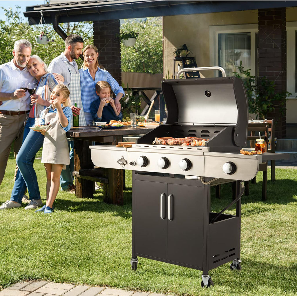 MELLCOM 4 Burner Propane Gas Grill With Cast Iron Grates And Side Stove, 44,000 BTU, Black - BBQ-4+1