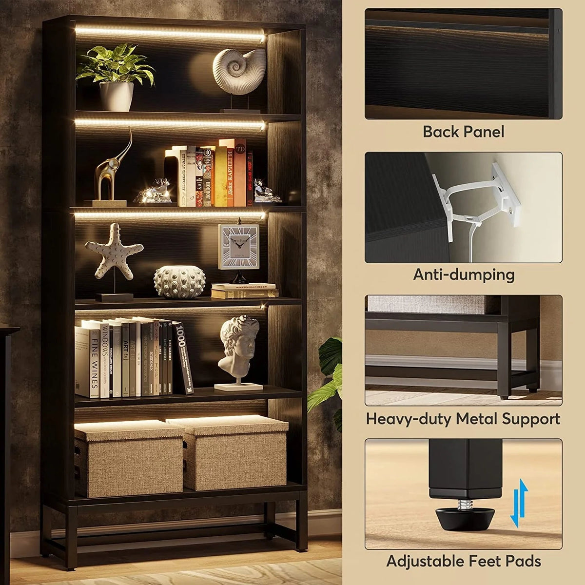 5-Tier Bookcase 31.5 Inch Wide x 11.81 Inch Deep x 70.87 Inch Tall - Sandalwood, Walnut, White, Black