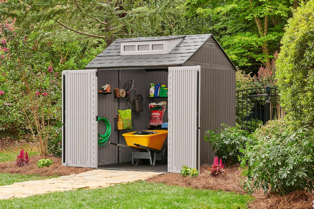 Rubbermaid Resin Outdoor Storage Shed With Floor, 7x7 ft, Gray