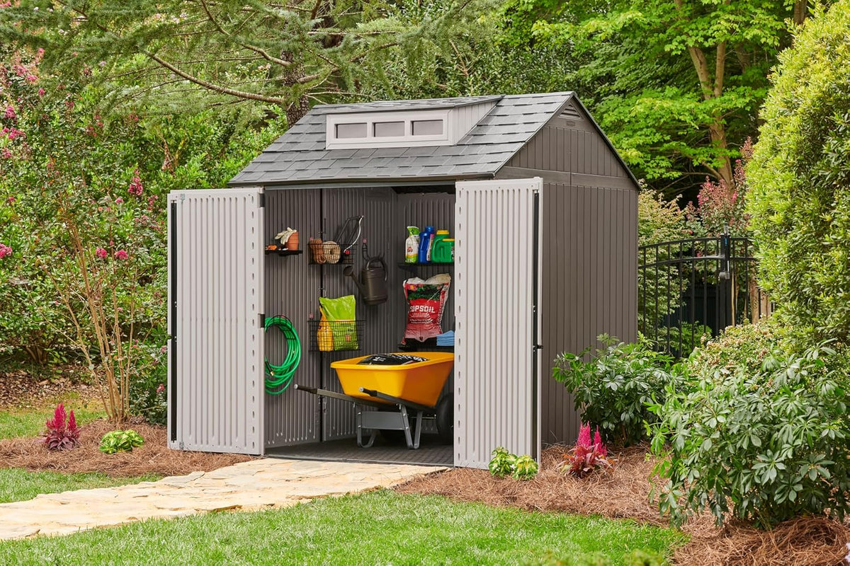 Rubbermaid Resin Outdoor Storage Shed With Floor, 7x7 ft, Gray