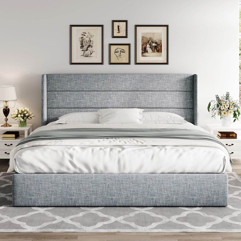 Queen Size Lift-Up Storage Bed With Wingback Headboard, Upholstered Platform Bed Frame With Hidden Storage