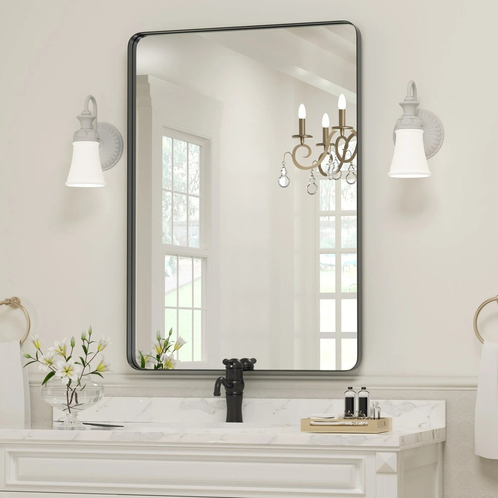 Framed Wall Vanity Mirror With Rounded Corners, 1 Piece