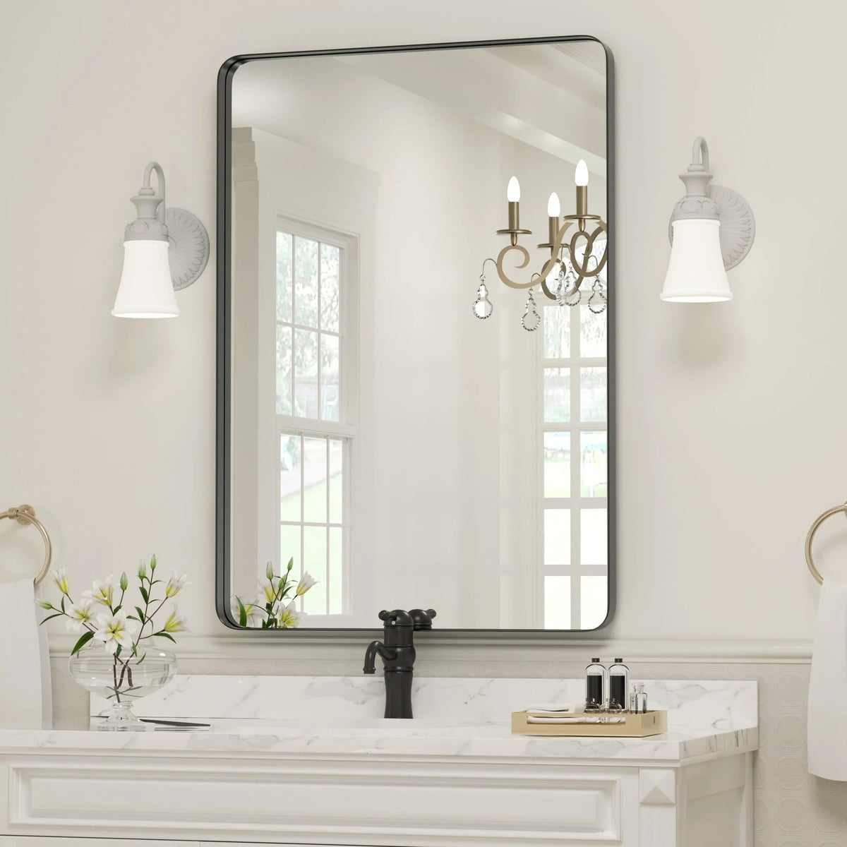 Framed Wall Vanity Mirror With Rounded Corners, 1 Piece
