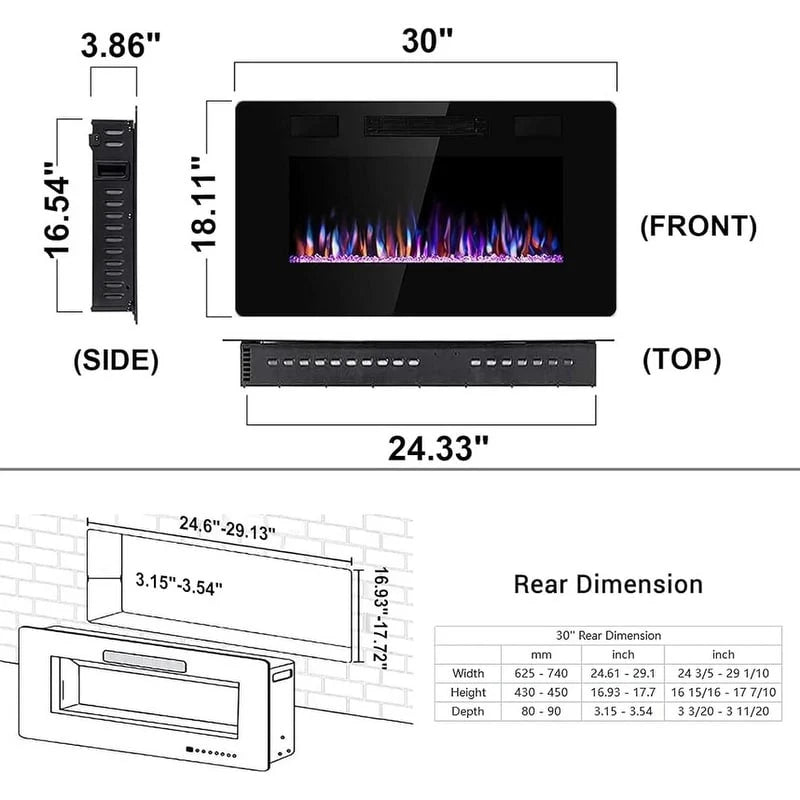 R.W.FLAME Recessed Electric Fireplace Heater, 30-inch, 750-1500W