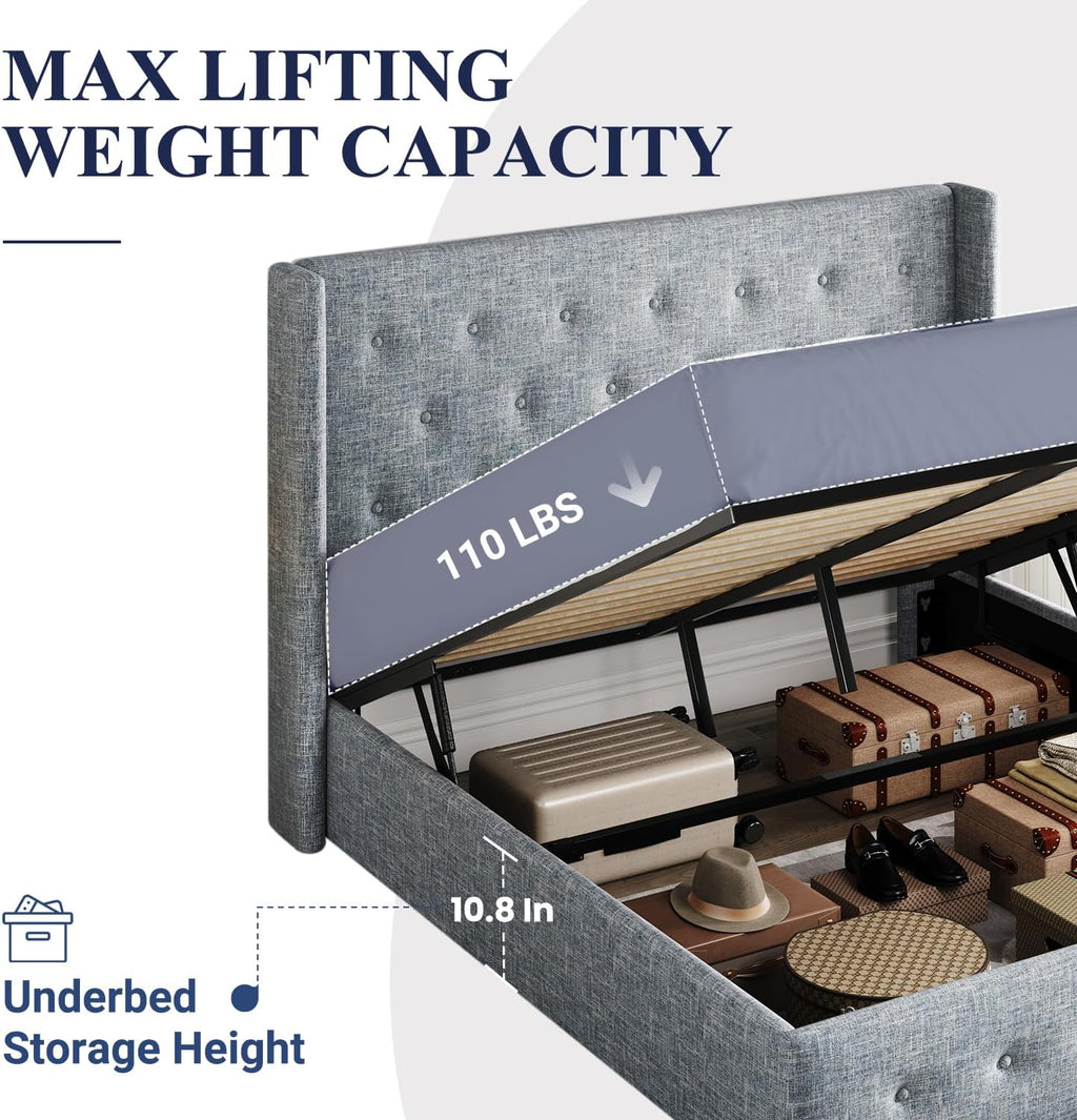 Queen Size Lift-Up Storage Bed With Wingback Headboard, Upholstered Platform Bed Frame With Hidden Storage