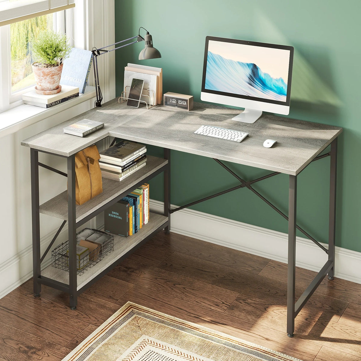Small L-Shaped Computer Desk With Reversible Storage Shelves - 55-Inch / 47-Inch