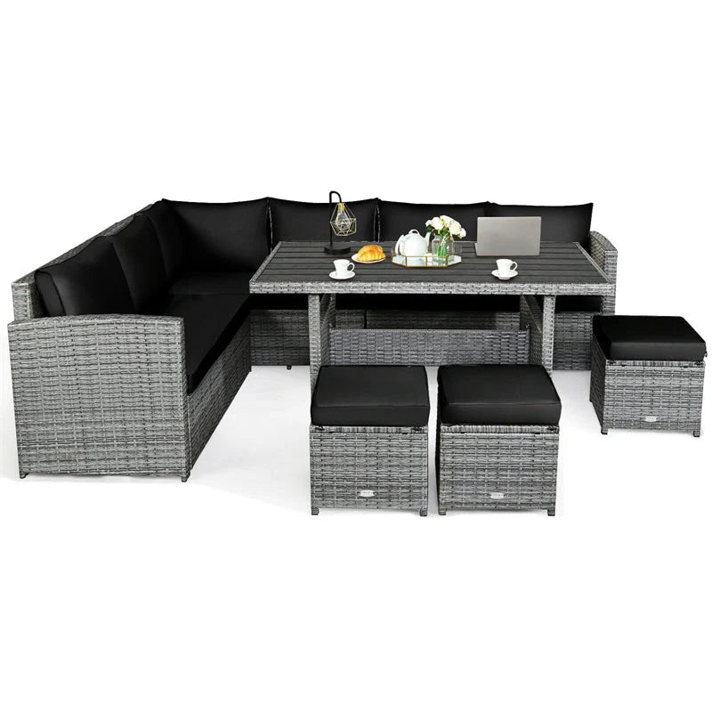 7-Piece Rattan Patio Dining Set With 3 Corner Chairs, 3 Ottomans And Table