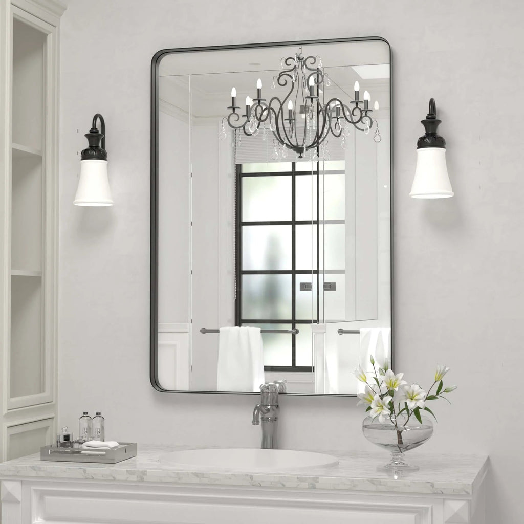 Framed Wall Vanity Mirror With Rounded Corners, 1 Piece