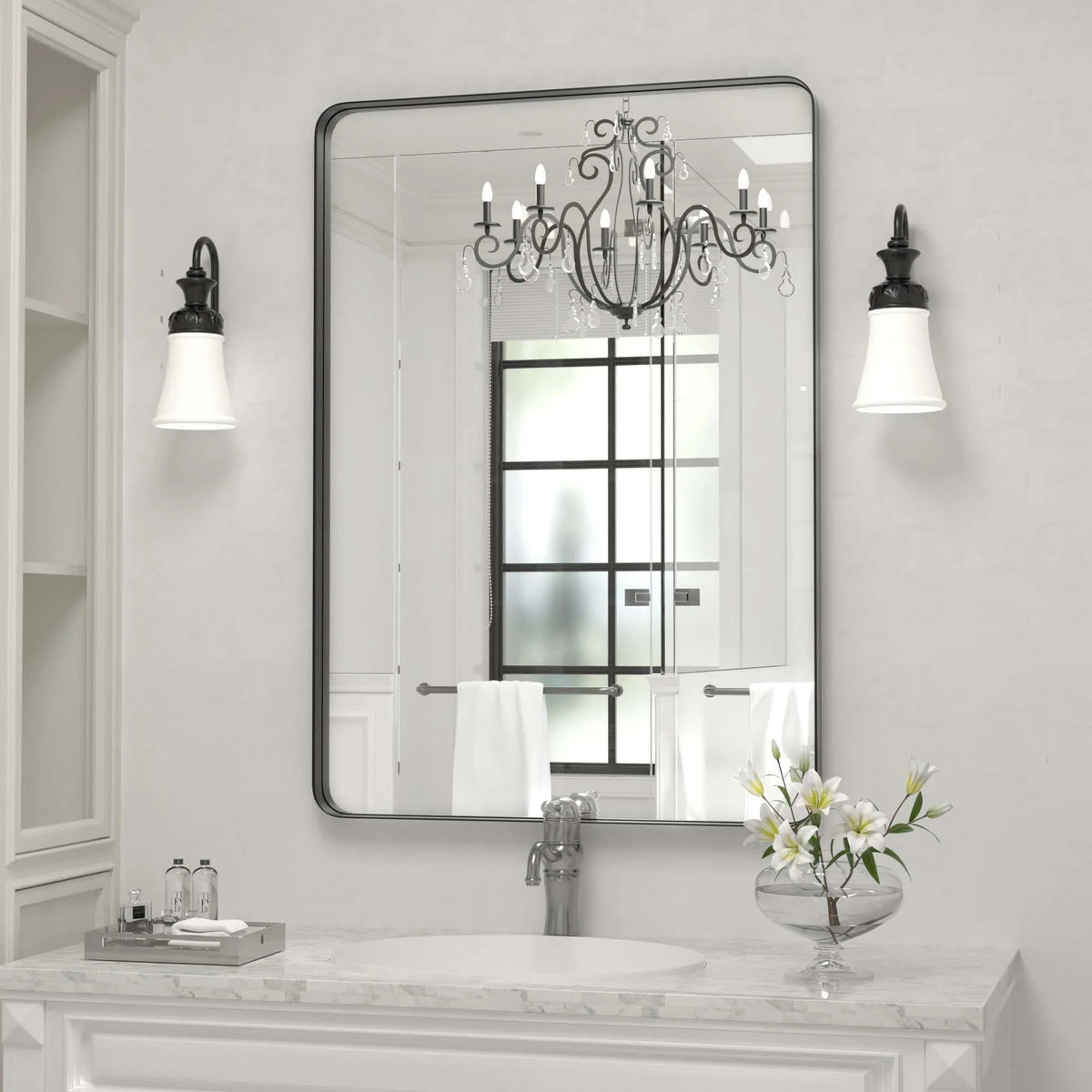 Framed Wall Vanity Mirror With Rounded Corners, 1 Piece