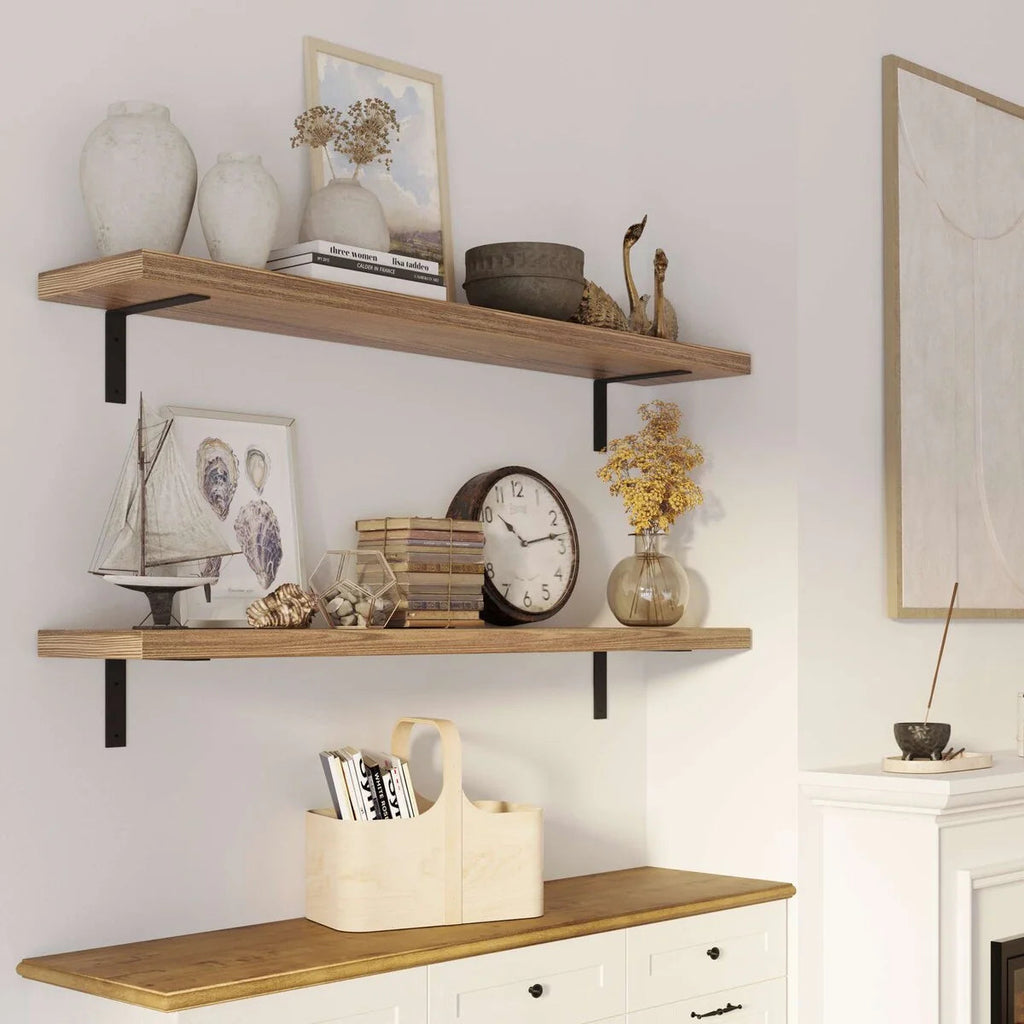 Rustic Floating Wall Shelves, 60 Inch, 2 Piece, Burnt Wood