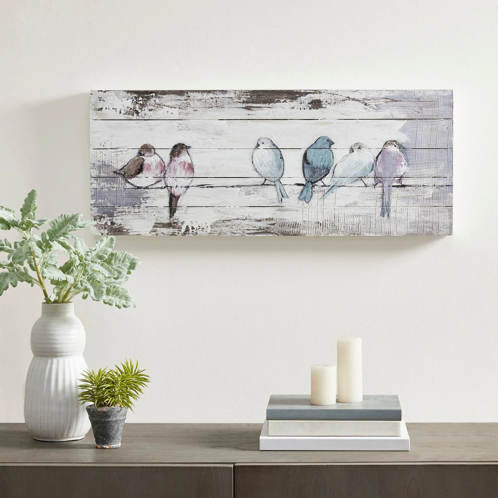 Hand-Painted Perched Birds Wood Plank Wall Decor, Reclaimed Gray, 30in W x 12in H x 1.5in D