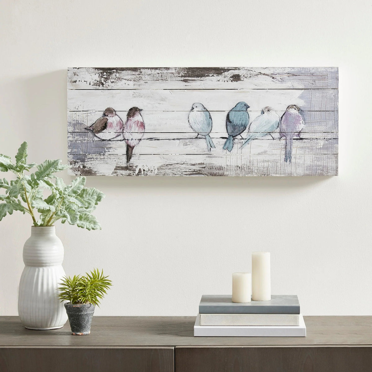 Hand-Painted Perched Birds Wood Plank Wall Decor, Reclaimed Gray, 30in W x 12in H x 1.5in D