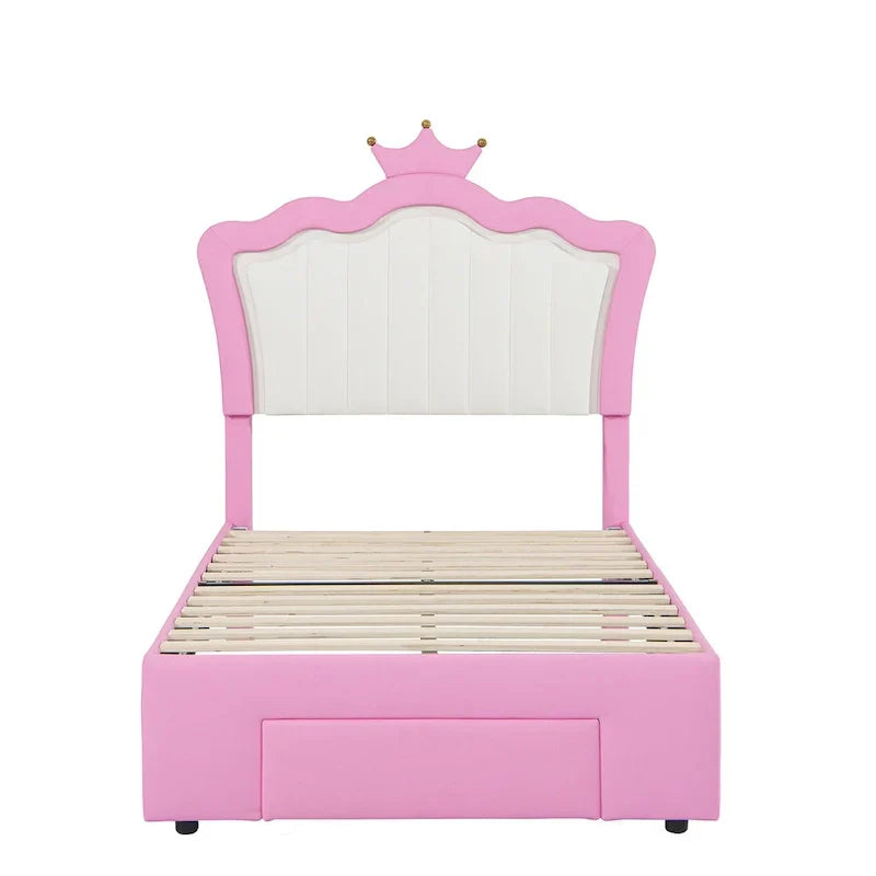 Twin Upholstered Bed Frame With LED Lights, Crown Headboard, Drawer, Pink+White - 76.8L x 44.1W x 51H