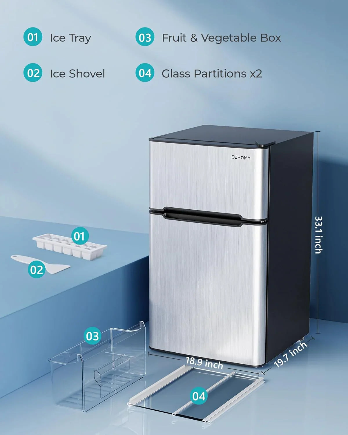 Euhomy 3.2 Cubic Feet 2-Door Mini Refrigerator With Freezer, Silver - RF-S