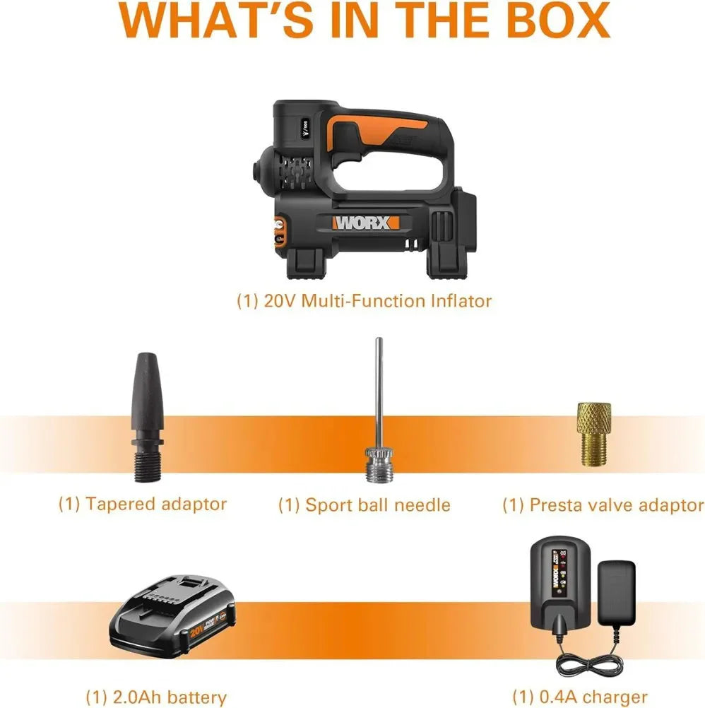 Worx 20V MAX Cordless Multi-Function Air Pump Inflator, Black - 1 x 2.0aH Battery and 1 x Charger Included