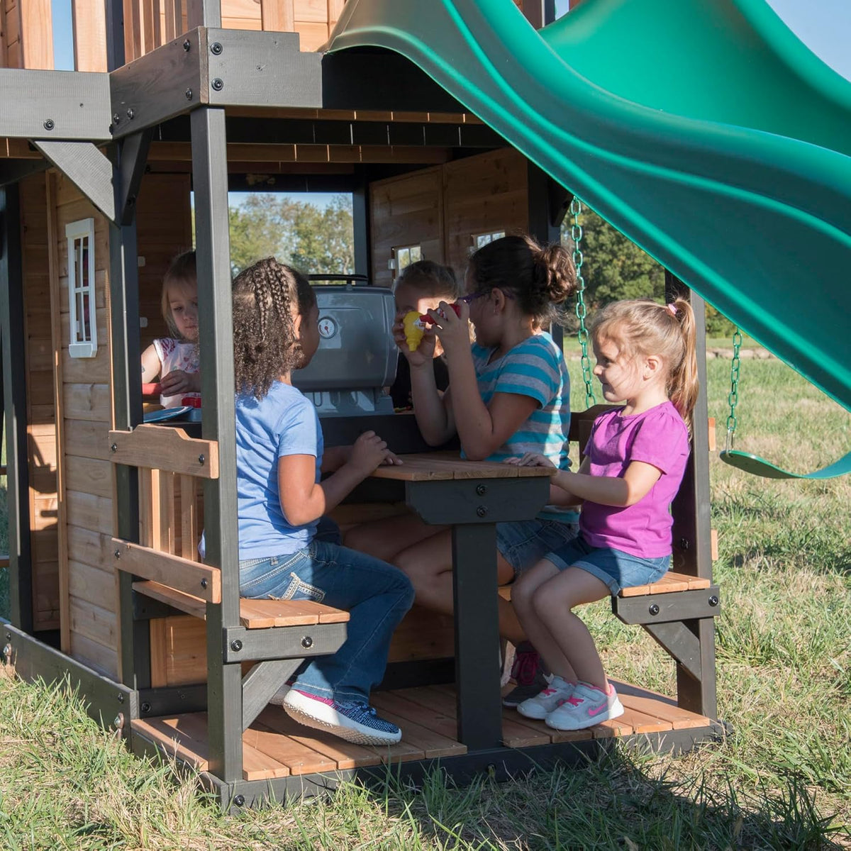 Backyard Discovery Cedar Wood Swing Set With Wave Slide, Clubhouse, Play Kitchen, Belt And Web Swings - Canyon Creek