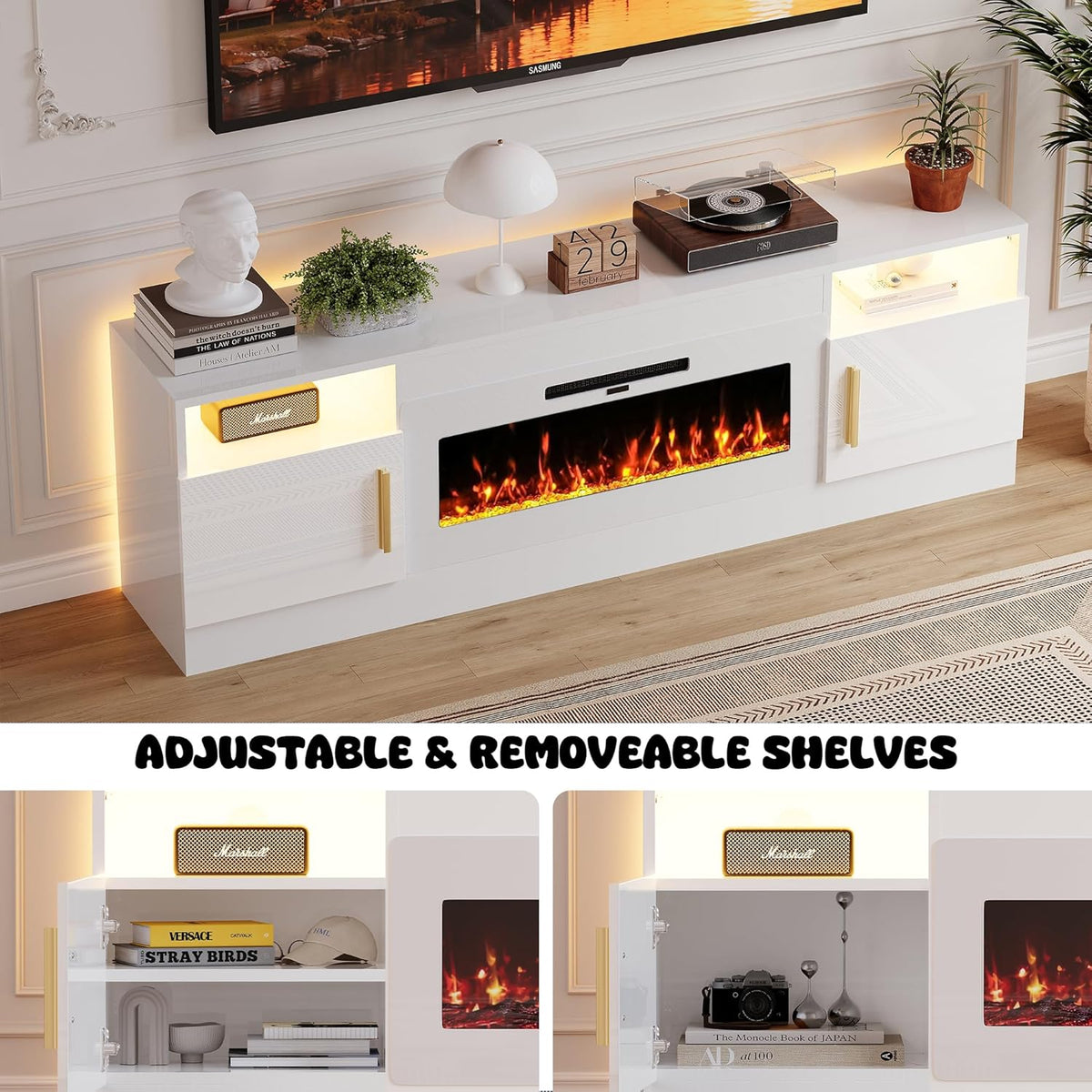 Fireplace TV Stand, 70 inch Media Console With 36 inch Electric Fireplace