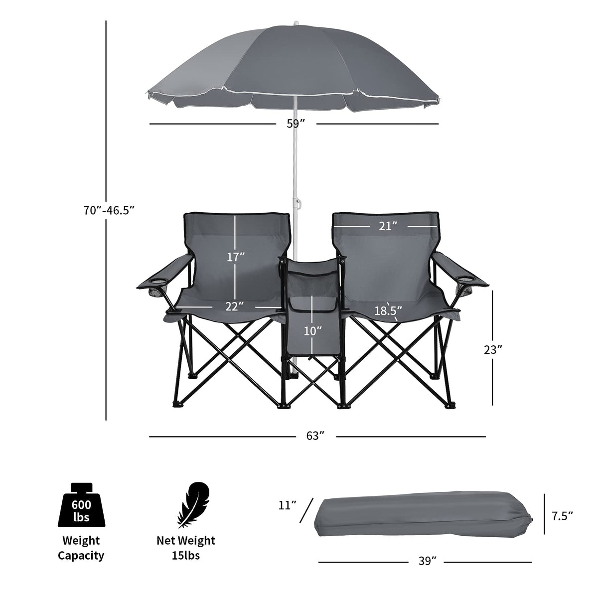 Double Folding Camping Loveseat Chairs With Umbrella, Mini Table And Cooler Bag