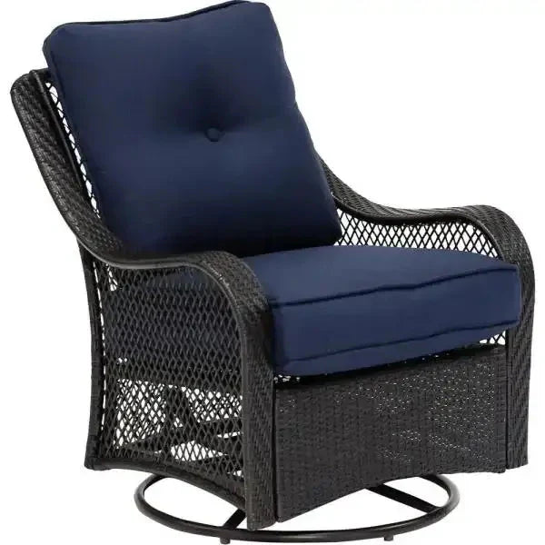 Hanover Orleans 5-Piece Steel Patio Fire Pit Conversation Set With Navy Blue Cushions, Swivel Gliders And Square Fire Pit Table