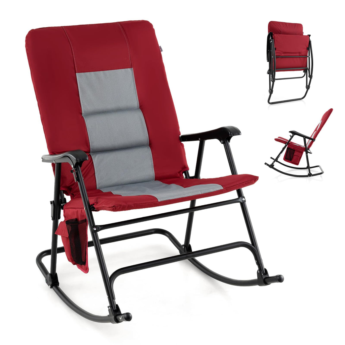 Oversized Folding Rocking Chair With Padded Seat, Metal Frame And Side Pocket