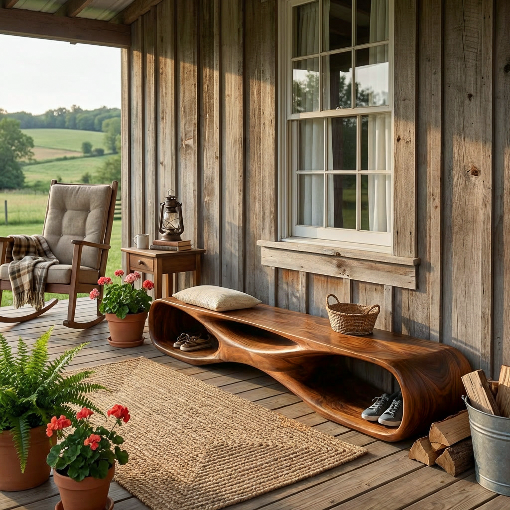 Artistic Wooden Bench With Organic Shape For Hallway