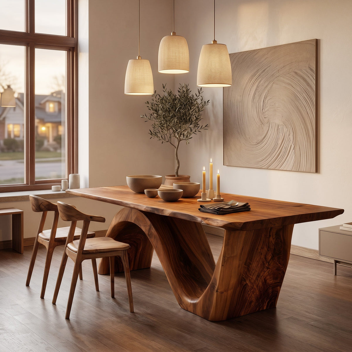 Contemporary Curved Base Wood Dining Table For Dining Area