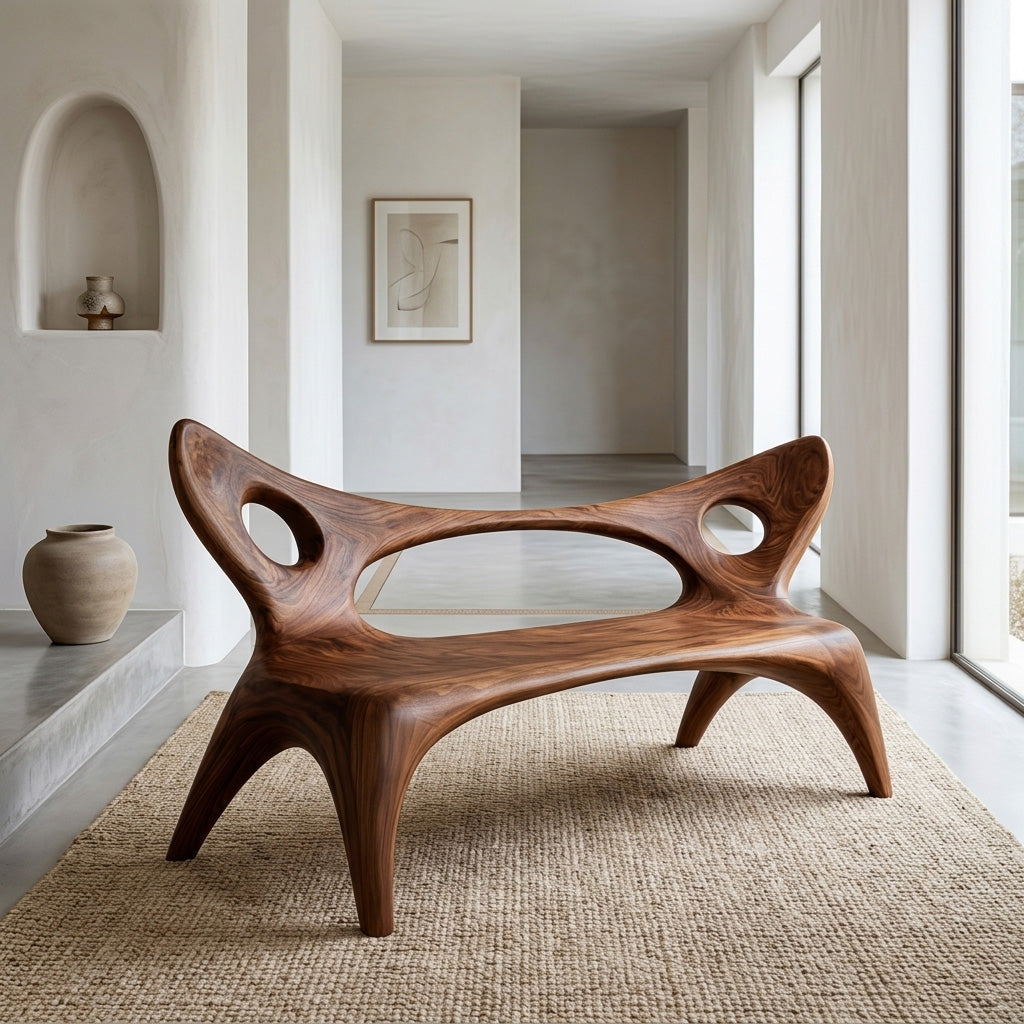 Artistic Wood Bench With Sculptural Backrest For Living Room