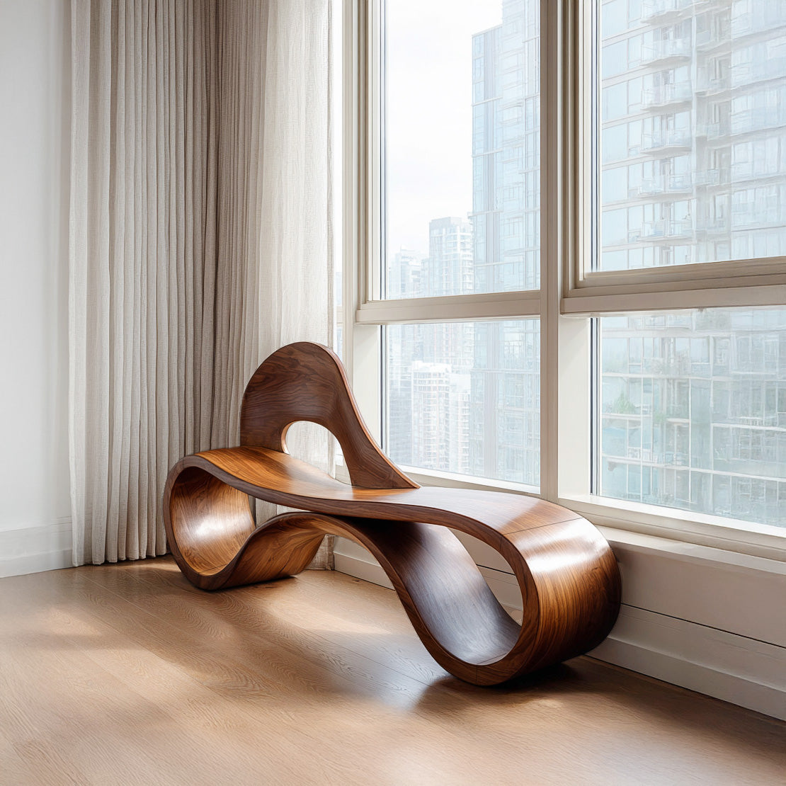 Artistic Wooden Bench With Flowing Sculpture For Luxury Interior