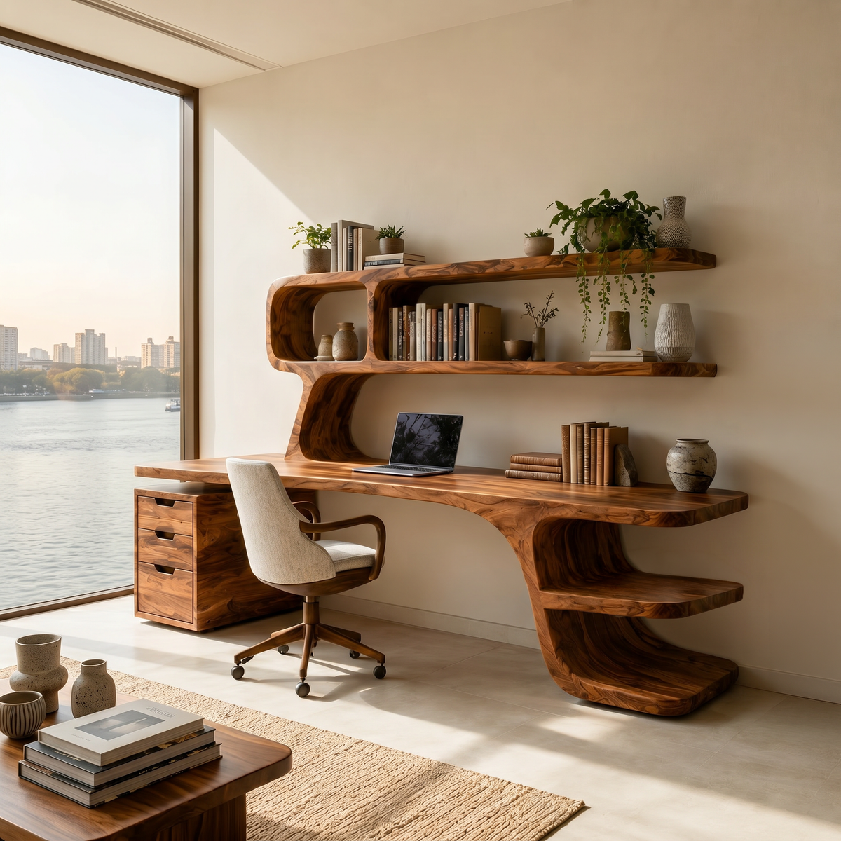 Contemporary Desk With Built In Bookshelves And Drawers For Workspace