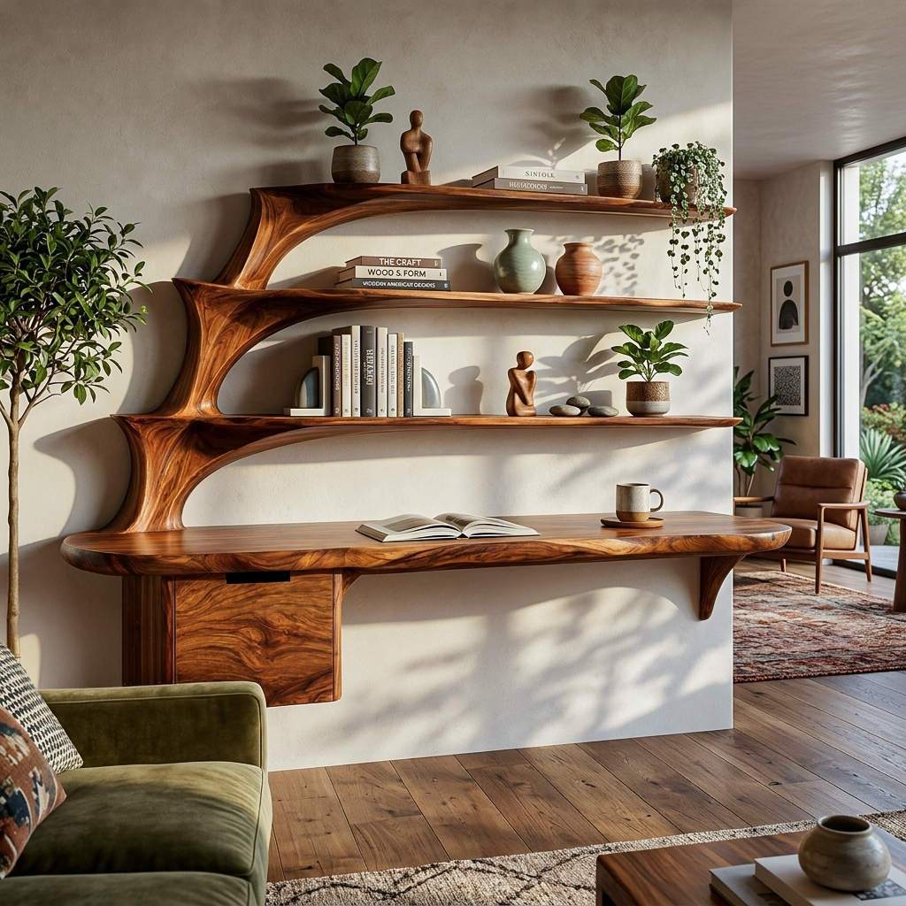 Contemporary Floating Desk With Display Shelves And Drawers For Workspace