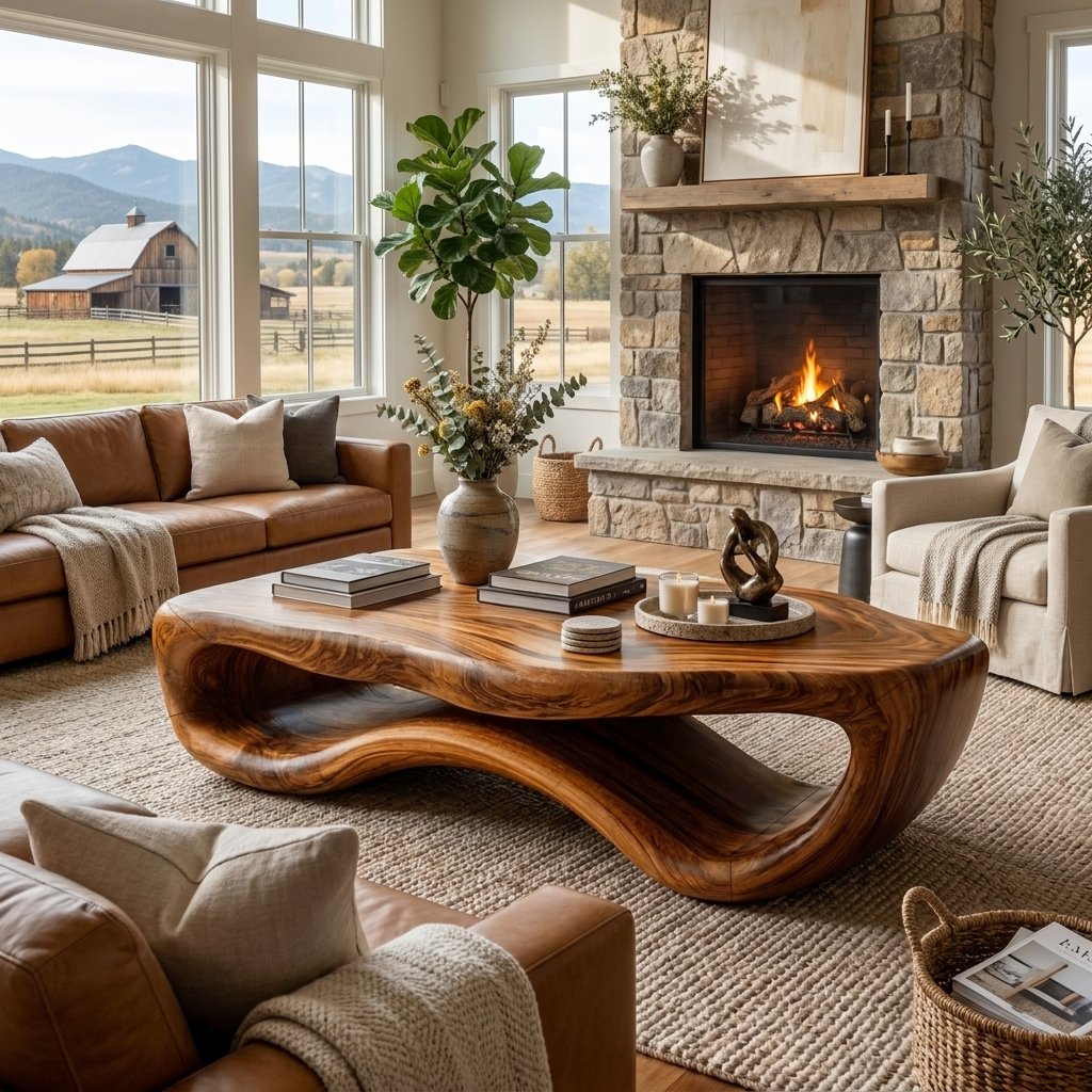 Artistic Wooden Coffee Table Curved For Modern Interior