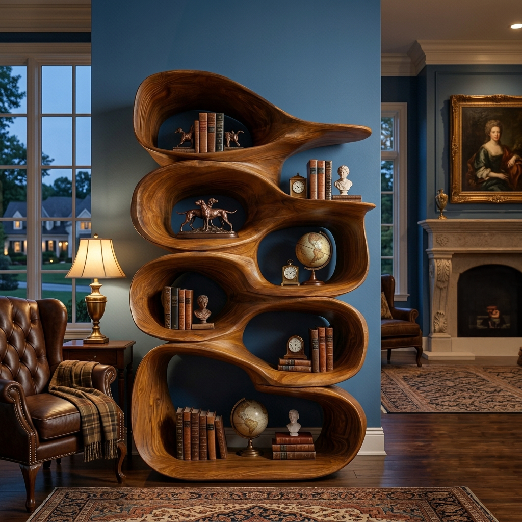 Artistic Wooden Bookshelf With Sculptural Display Shelving For Home Decor