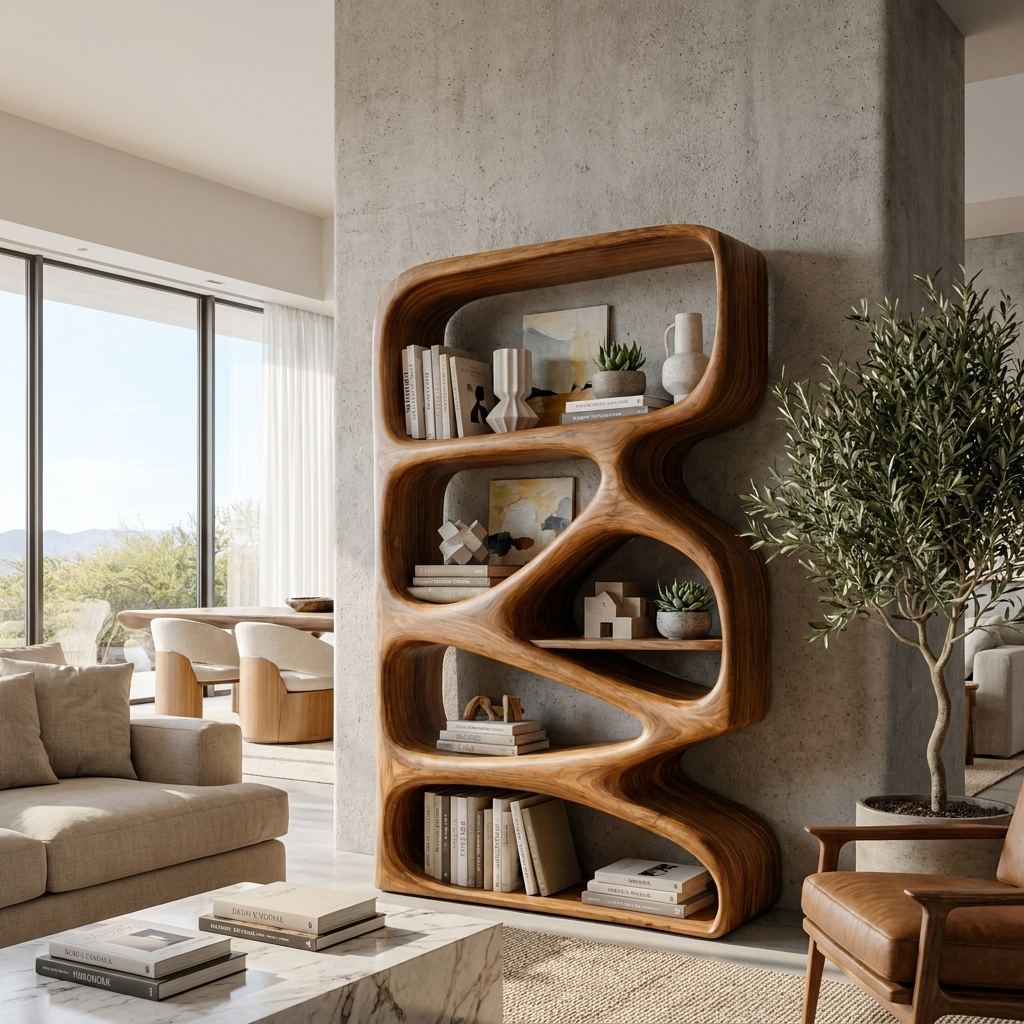 Artistic Wooden Bookshelf With Functional Open Display Shelving For Living