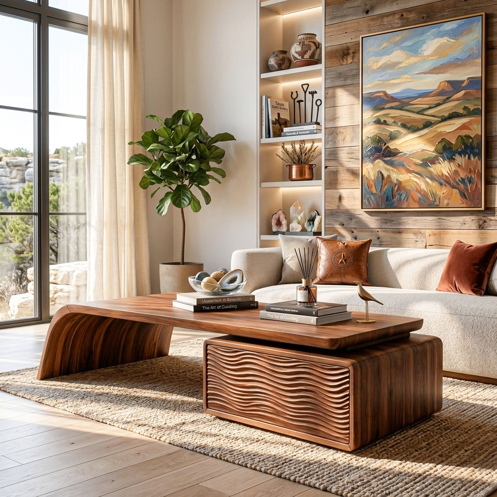 Artistic Wood Coffee Table With Drawers For Living Room