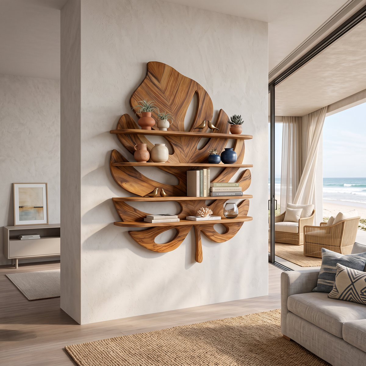 Artistic Wooden Tropical Leaf Wall Mounted Bookshelf For Home Decor