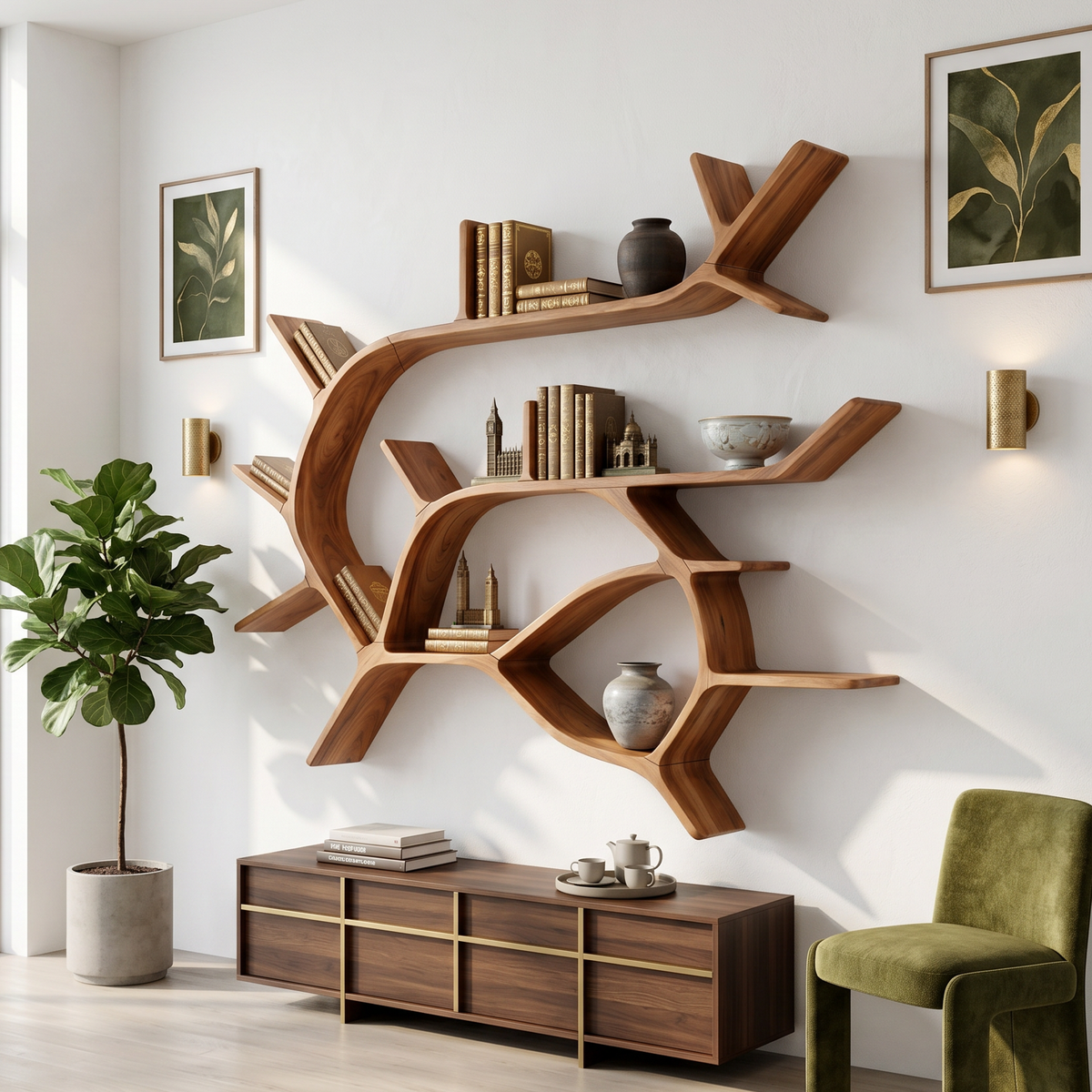 Boho Tree Branch Wall Mounted Bookshelf for Entryway
