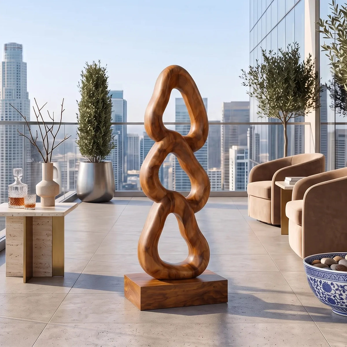 Abstract Wooden Sculpture For Luxury Coastal Balcony Decor