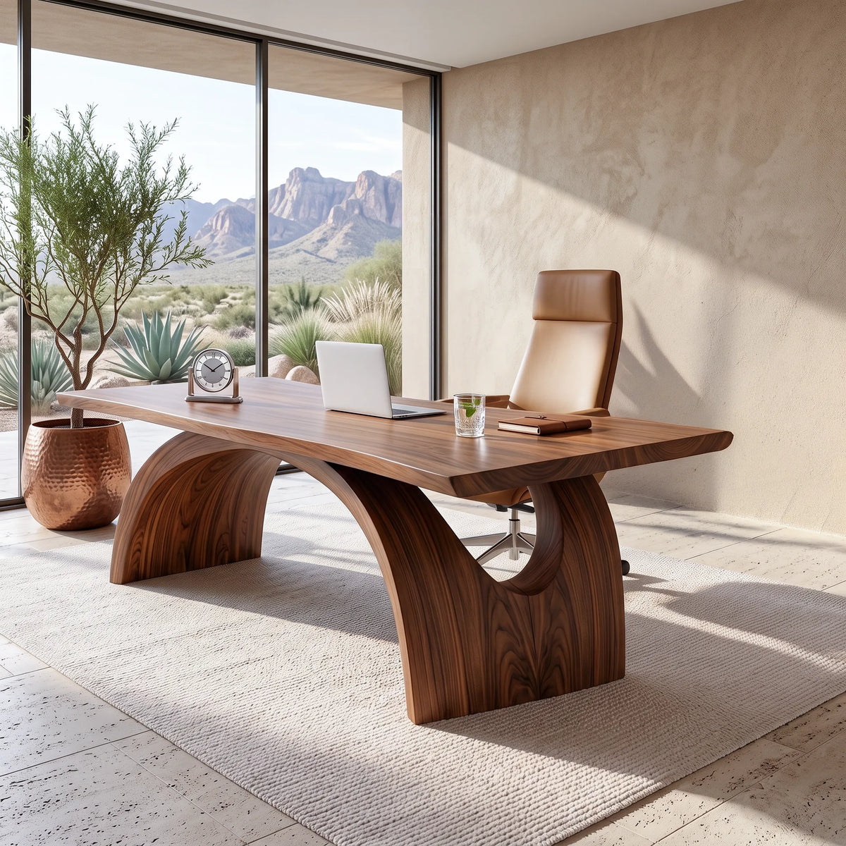 Contemporary Desk With Double Arch Sculptural Base For Home Office