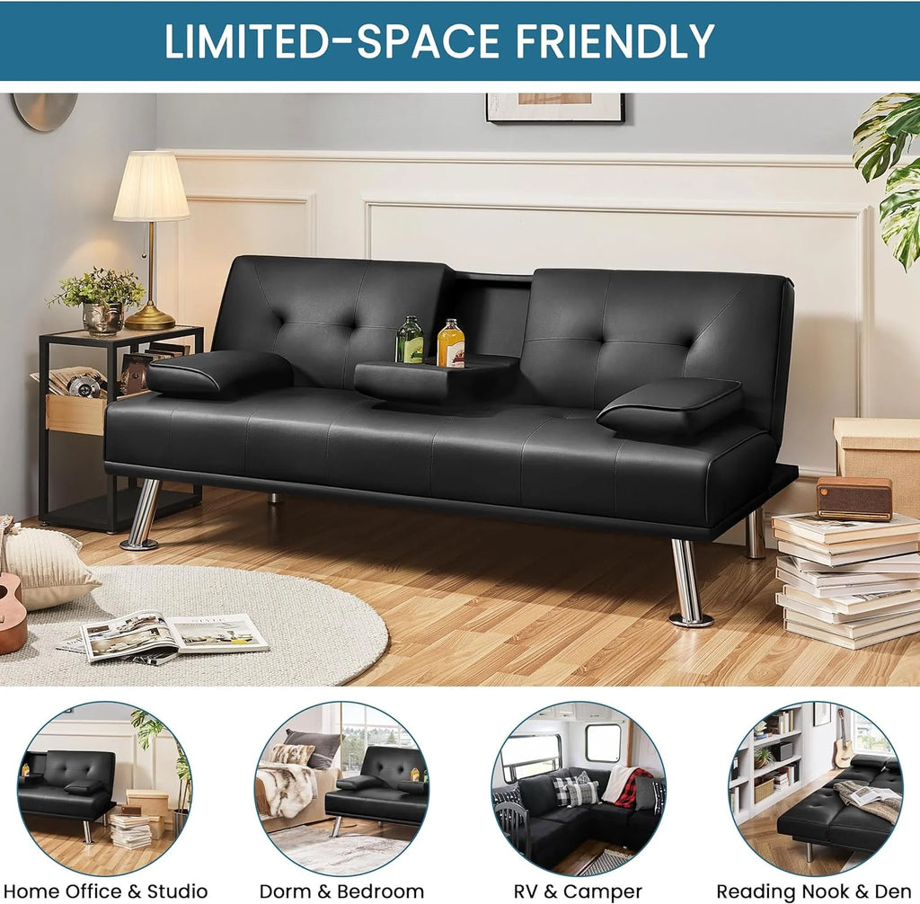 Yaheetech Convertible Faux Leather Sofa Bed, 3 Angles, 772lb Capacity, Black