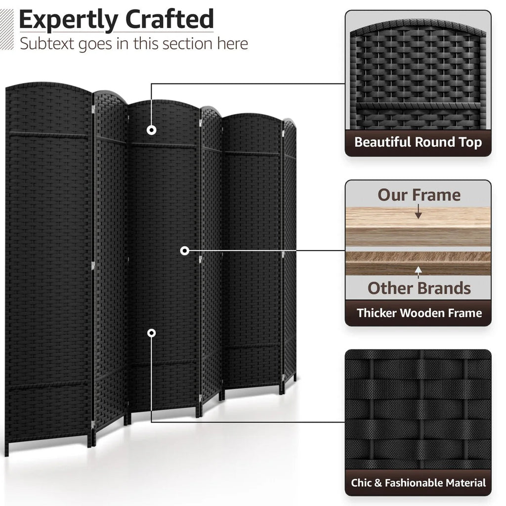 6-Panel Room Divider Privacy Screen With Hand-Woven Mesh Panels - 6 Ft Tall