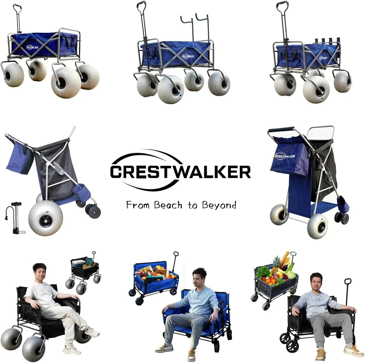 CRESTWALKER Beach Cart With 13-Inch Balloon Wheels, Chair Brackets And Pump - Blue