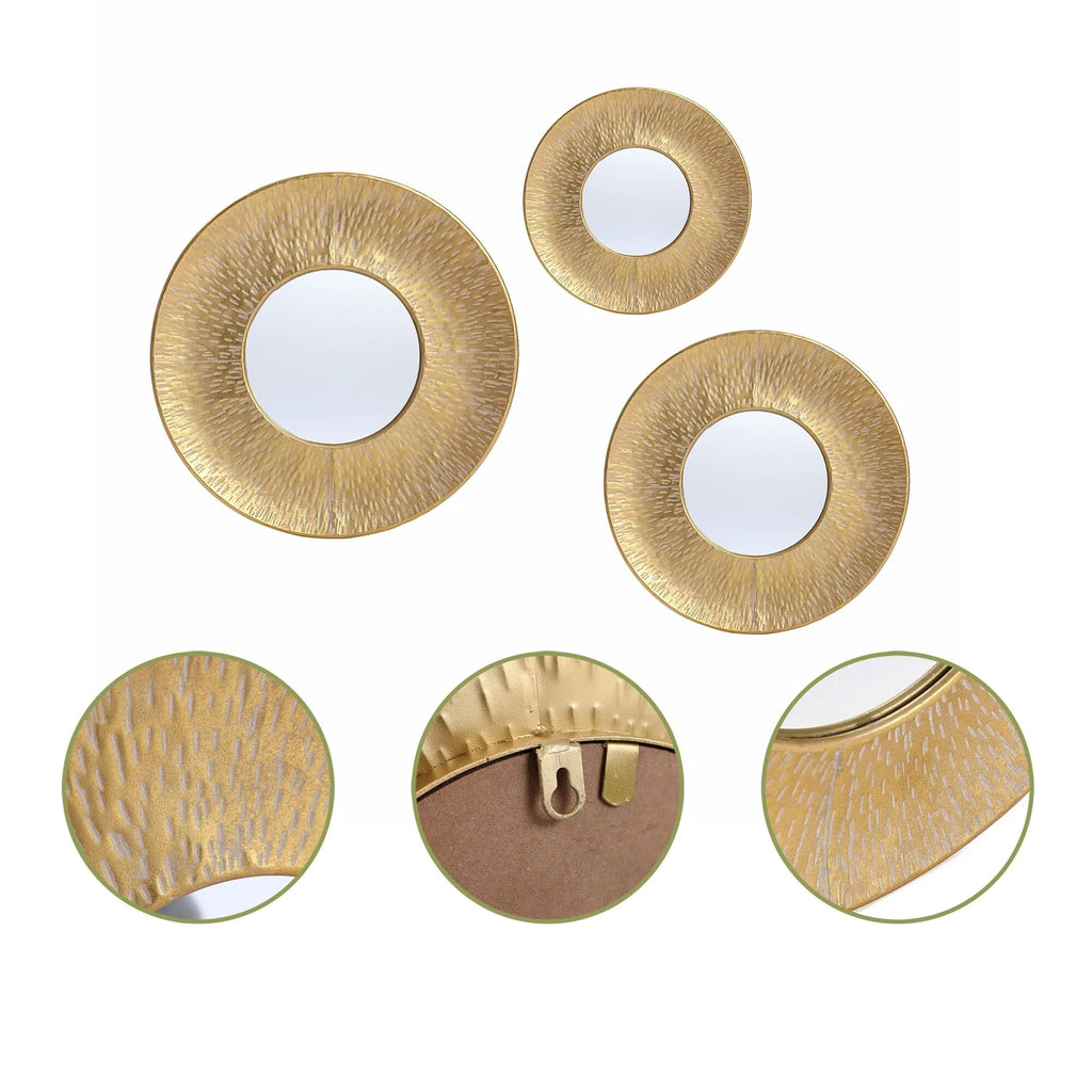 3-Piece Gold Metal Round Wall Mirror Set - 22.25" x 2.36", 19.7" x 2.25", 15.4" x 2.25"