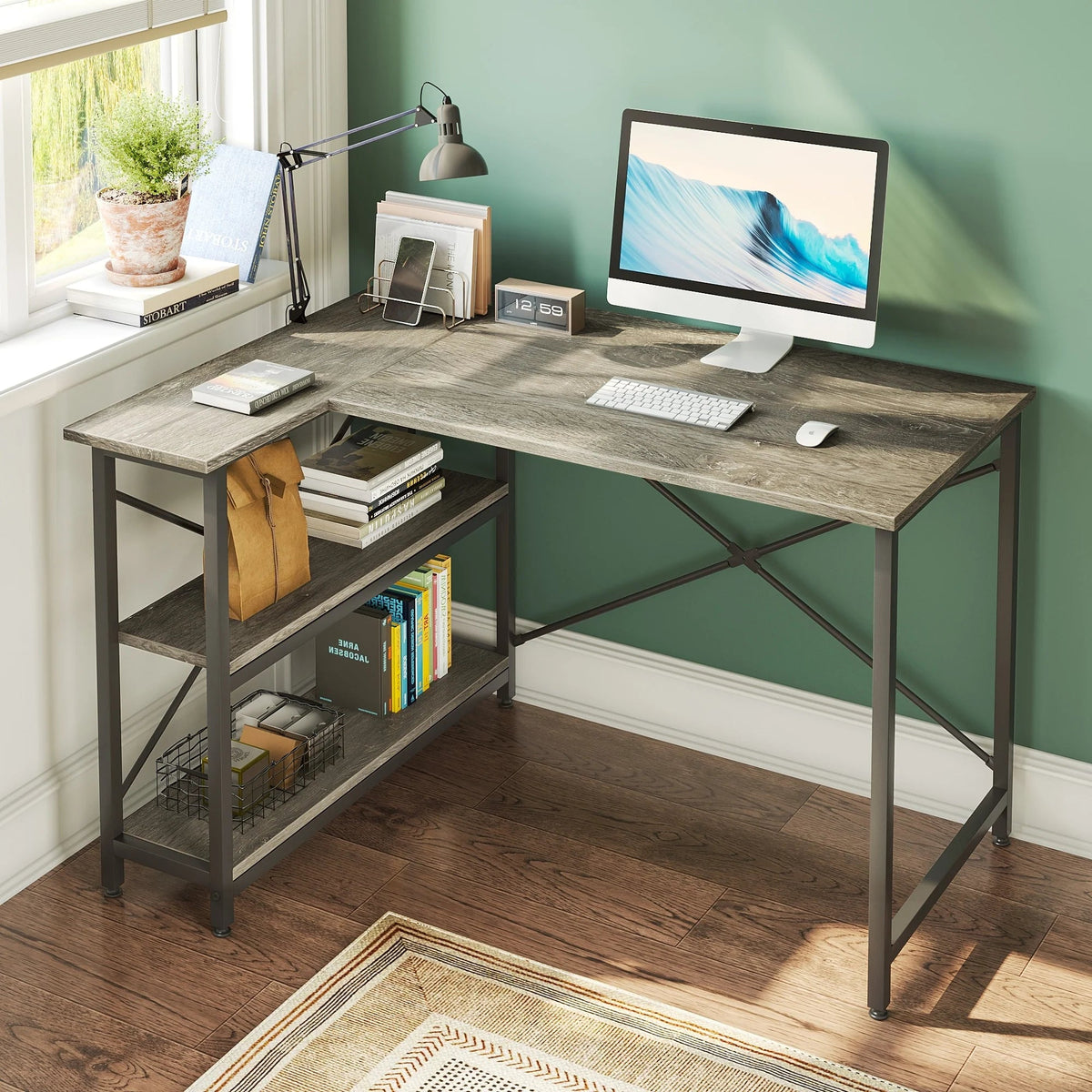 Small L-Shaped Computer Desk With Reversible Storage Shelves - 55-Inch / 47-Inch