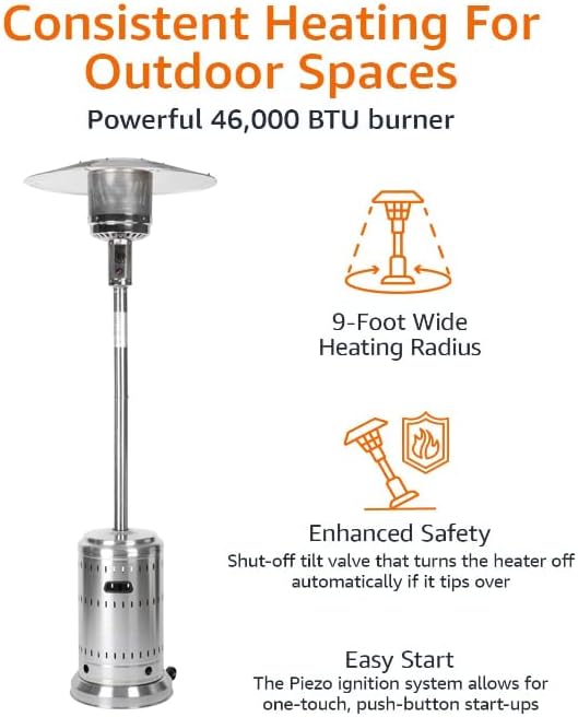 Amazon Basics Outdoor Propane Patio Heater With Wheels, 46,000 BTU - 61825