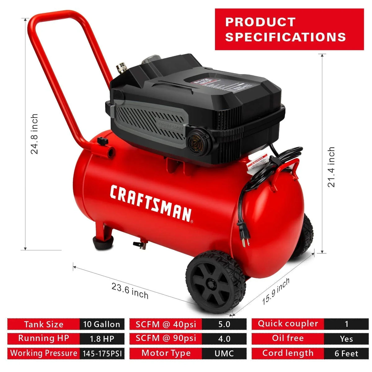 CRAFTSMAN Hard Air Compressor, 10 Gallon, 1.8 HP, 175 PSI, 4.0 CFM @ 90 PSI - CMXECXA0201041
