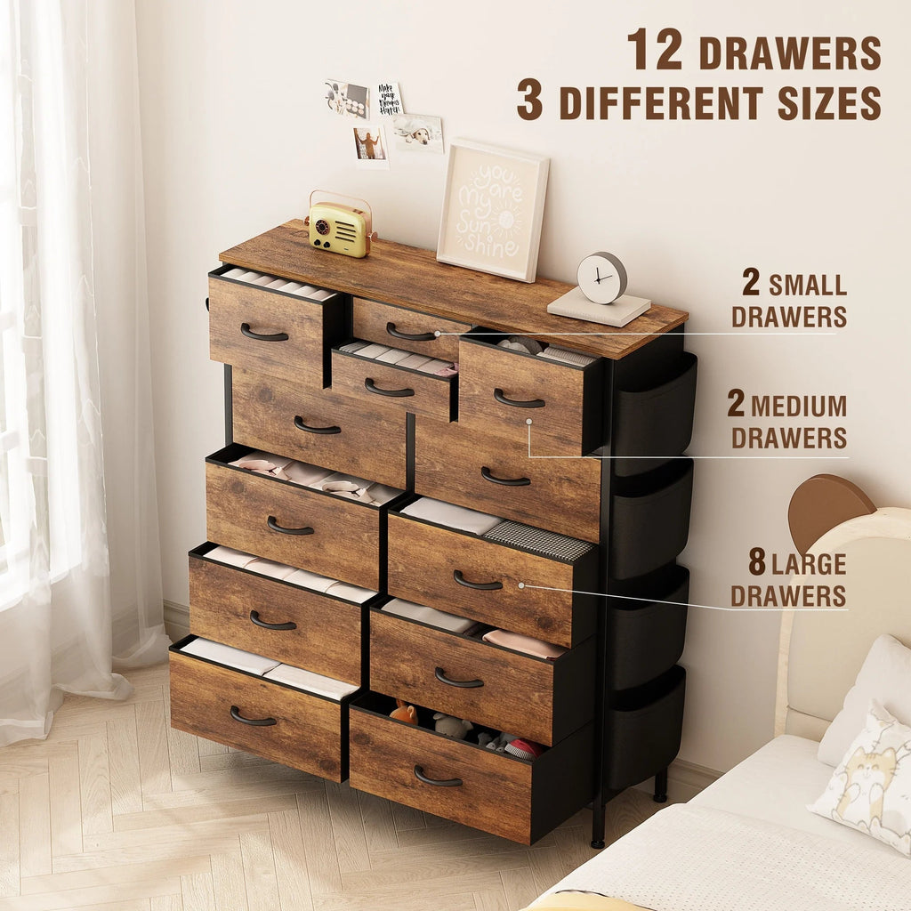 12-Drawer Fabric Dresser With Wood Top And Metal Frame
