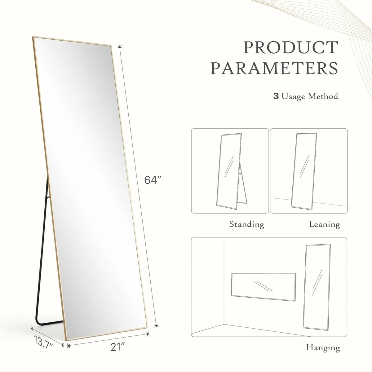 Full-Length Floor Mirror With Stand, Aluminum Alloy Frame - 71x30